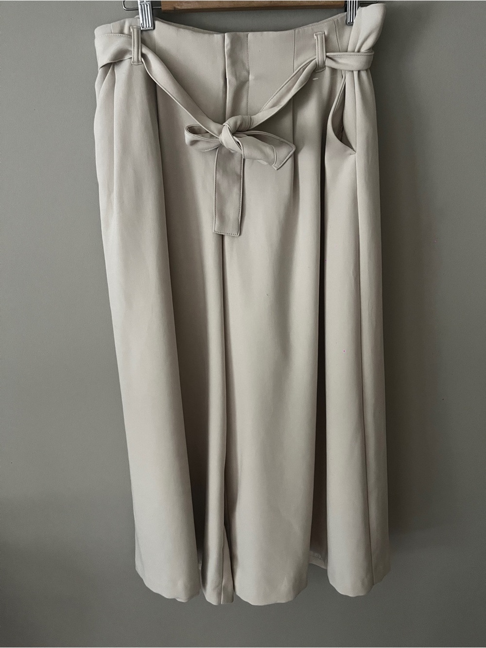 Maeve Light Beige Belted High-Waist Midi Skirt